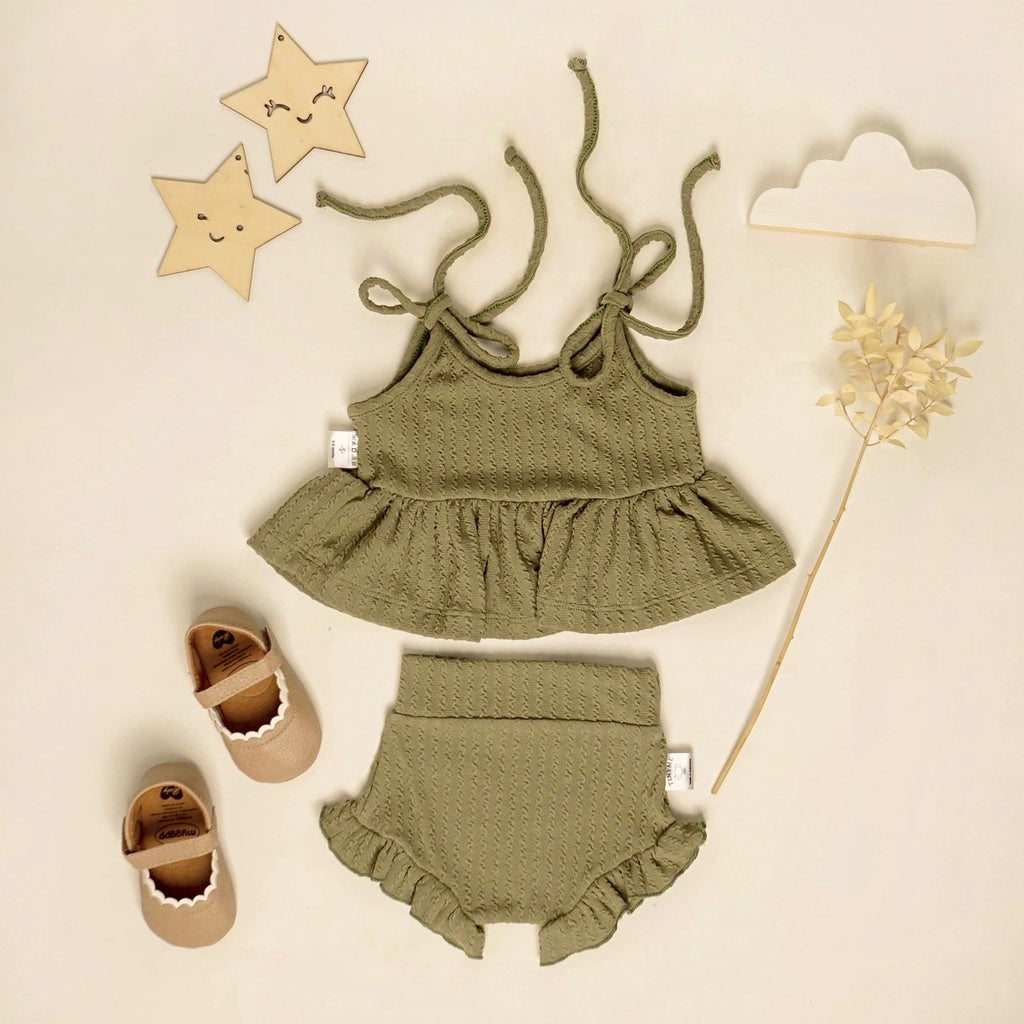 TINYME (free bandana) 0-18 bln || SETELAN ATASAN + CELANA RUFFLE (1 set) KAOS BAYI ANAK CASUAL BAJU TIDUR catalog TMTM Sophia