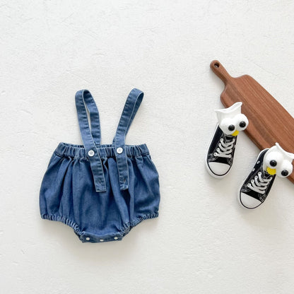 0-2 thn | Celana Pendek Jeans Kodok Gantung Luaran Suspender Denim Karet Anak Casual Jalan Bayi Catalog DDWJ DF